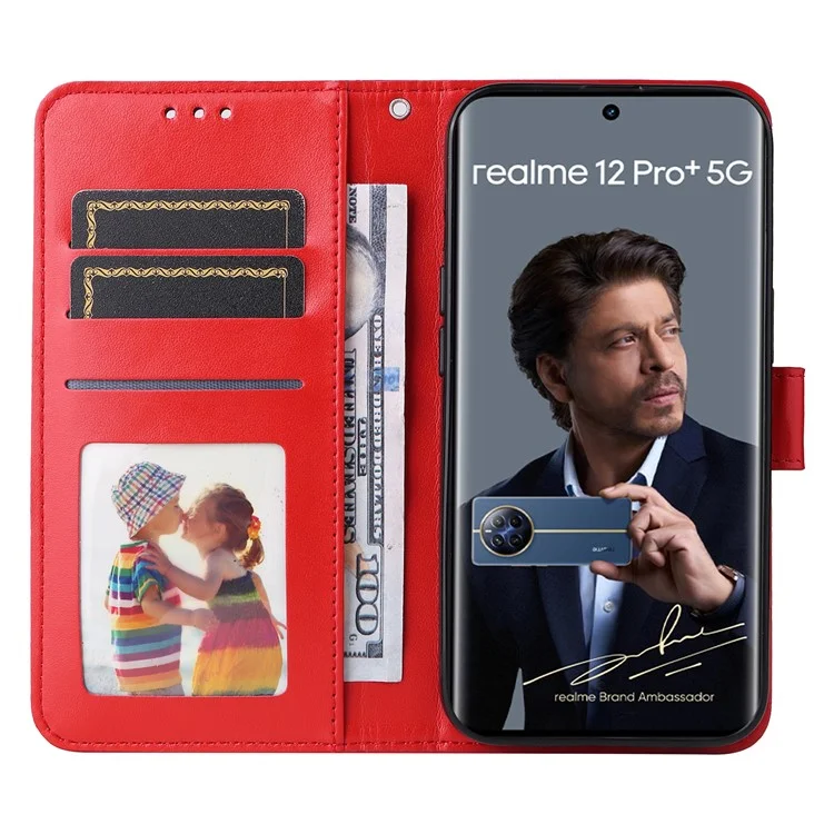 Para Realme 12 Pro 5G / 12 Pro+ 5G Leather Case Imprinted Sunflower Flip Folio Wallet Phone Cover - Vermelho