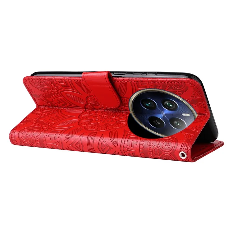 Para Realme 12 Pro 5G / 12 Pro+ 5G Leather Case Imprinted Sunflower Flip Folio Wallet Phone Cover - Vermelho