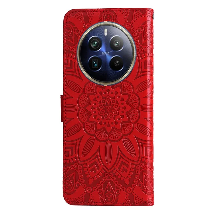 Para Realme 12 Pro 5G / 12 Pro+ 5G Leather Case Imprinted Sunflower Flip Folio Wallet Phone Cover - Vermelho
