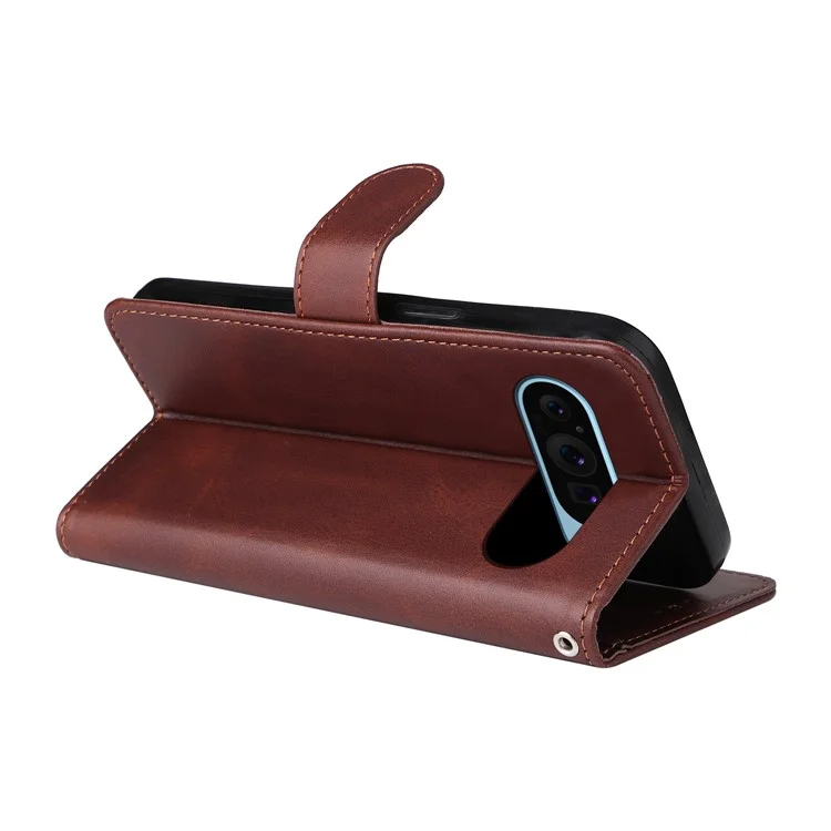 For Google Pixel 10 Pro / Pixel 10 / Pixel 9 / Pixel 9 Pro Leather Case 3 Card Slots Stand View Phone Cover Calf Texture - Brown