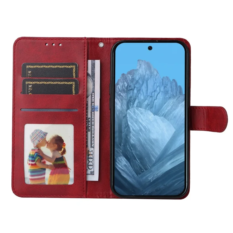 For Google Pixel 10 Pro / Pixel 10 / Pixel 9 / Pixel 9 Pro Leather Case 3 Card Slots Stand View Phone Cover Calf Texture - Red