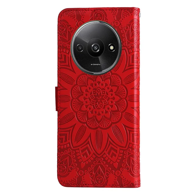 Pour Xiaomi Redmi A3 / Poco C61 4G Étui de téléphone portable Fleur imprimée Support avec sangle pratique - Rouge