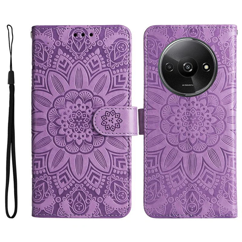 For Xiaomi Redmi A3 / Poco C61 4G Cell Phone Case Imprinted Flower Stand Cover with Handy Strap - Purple