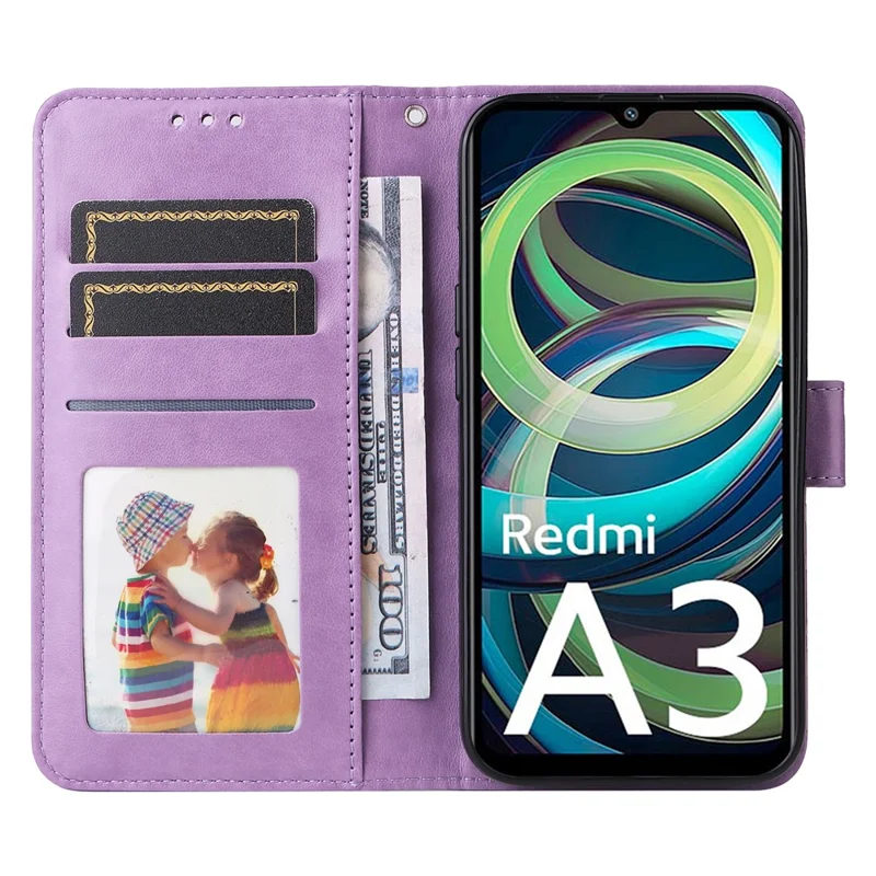 For Xiaomi Redmi A3 / Poco C61 4G Cell Phone Case Imprinted Flower Stand Cover with Handy Strap - Purple