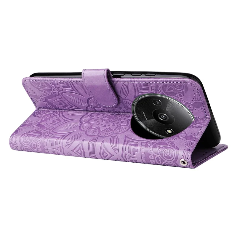 For Xiaomi Redmi A3 / Poco C61 4G Cell Phone Case Imprinted Flower Stand Cover with Handy Strap - Purple