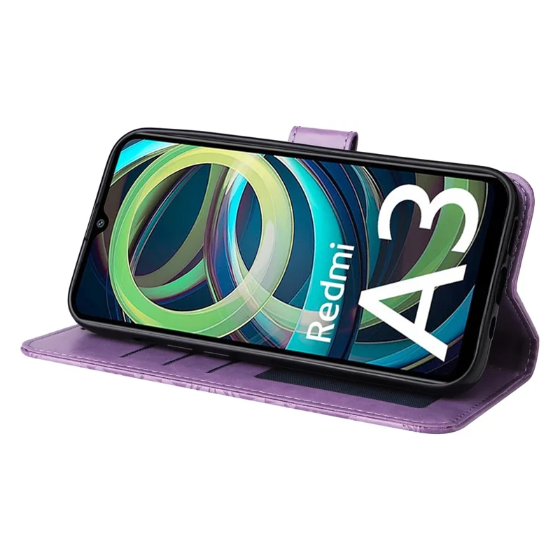 For Xiaomi Redmi A3 / Poco C61 4G Cell Phone Case Imprinted Flower Stand Cover with Handy Strap - Purple