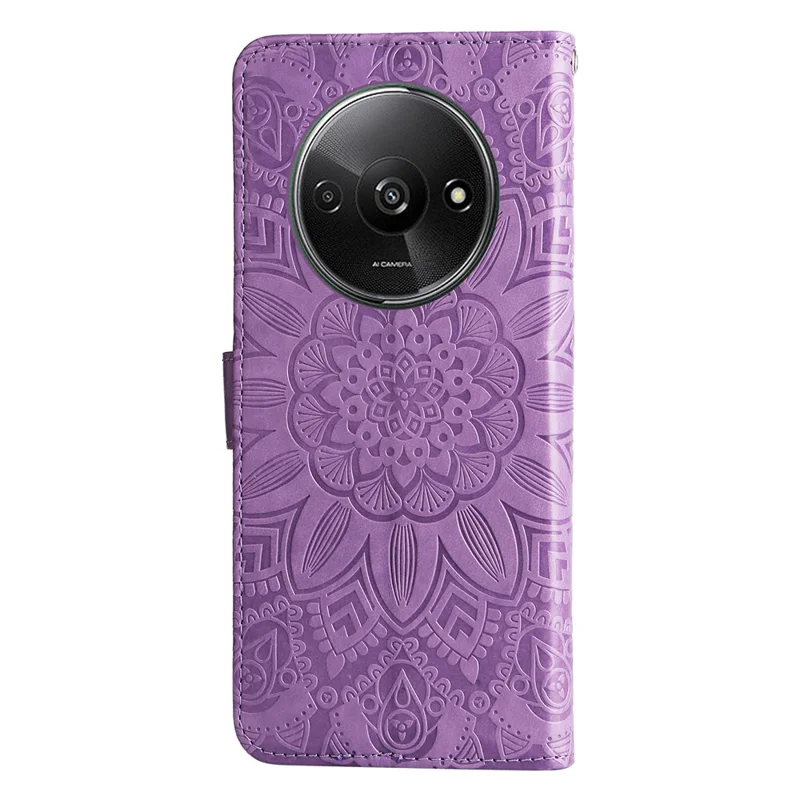 For Xiaomi Redmi A3 / Poco C61 4G Cell Phone Case Imprinted Flower Stand Cover with Handy Strap - Purple