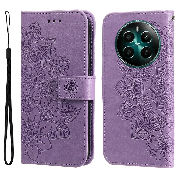 For Realme 12 4G / 12+ 5G Case Floral Pattern PU Leather Wallet Stand Phone Cover - Purple
