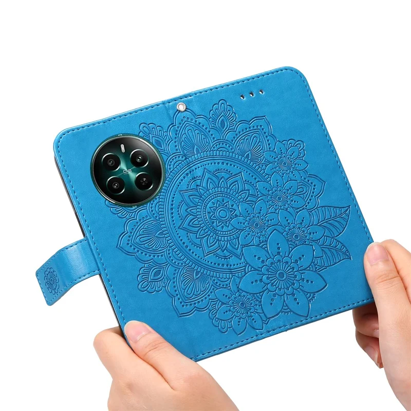 For Realme 12 4G / 12+ 5G Case Floral Pattern PU Leather Wallet Stand Phone Cover - Blue