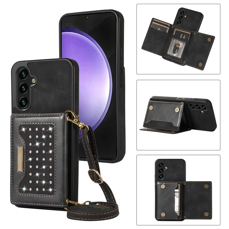 Für Samsung Galaxy S23 Hülle Leder+tpu -kickstand Cover Mit Lanyard RFID Blocking Wallet - Schwarz