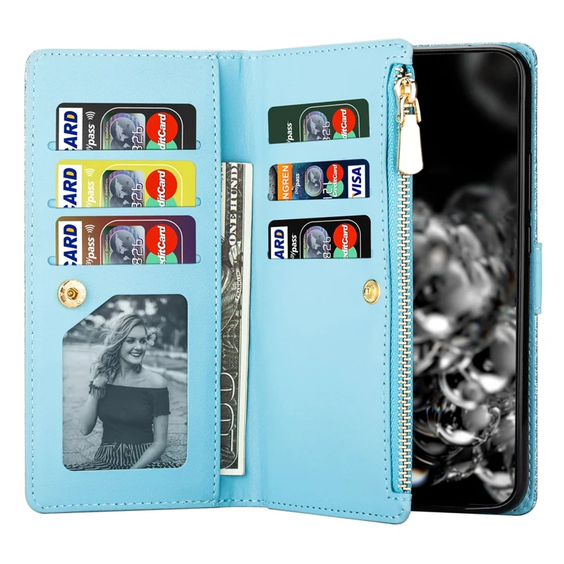 Per Samsung Galaxy S23 FE Wallet Case Shiny Glitter Zipper Leather Phone Cover - Blu