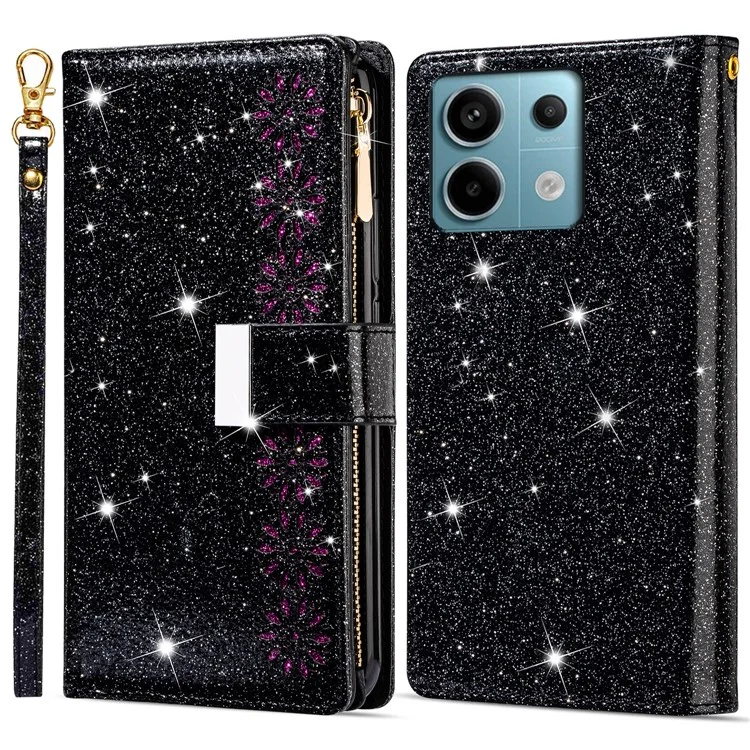 Pour Xiaomi Redmi Note 13 5G Case Zipper Wallet PU Leather Glitter Phone Cover - Noir