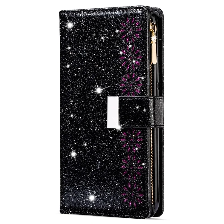 Pour Xiaomi Redmi Note 13 5G Case Zipper Wallet PU Leather Glitter Phone Cover - Noir