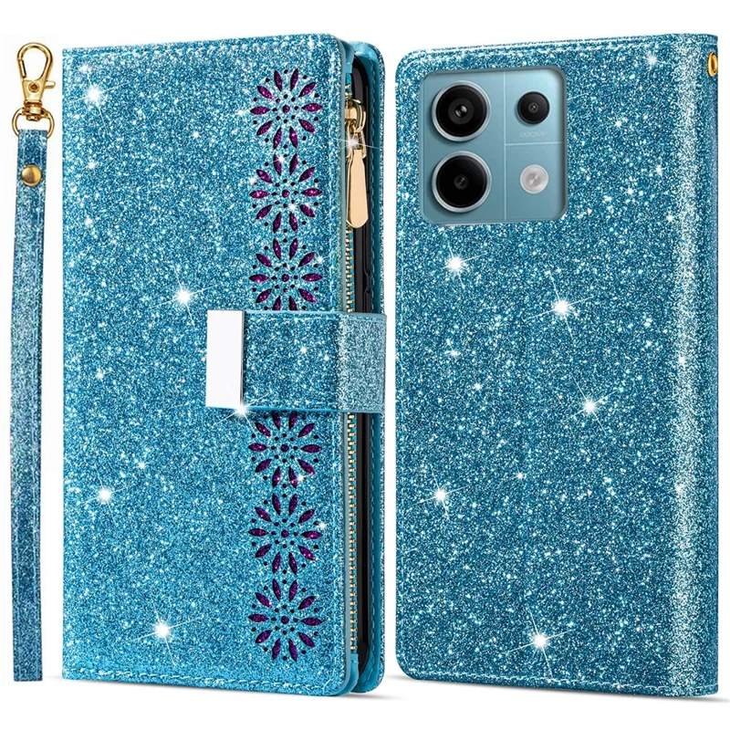 For Xiaomi Redmi Note 13 5G Case Zipper Wallet PU Leather Glitter Phone Cover - Blue