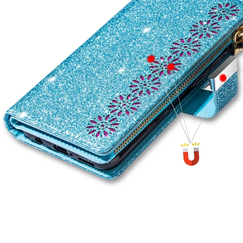 Para Samsung Galaxy A15 4G / 5G Case Zipper Pocket PU Leather Wallet Glittery Phone Cover - Blue