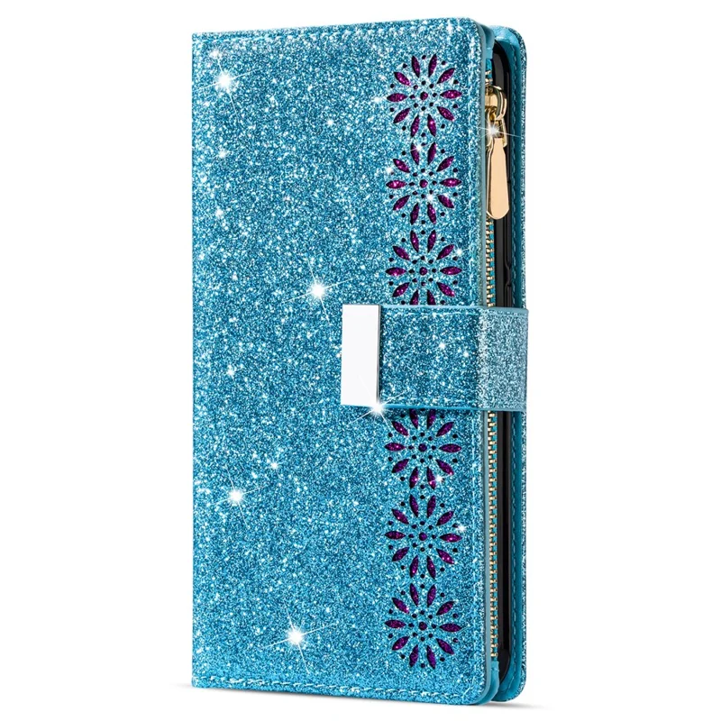 Para Samsung Galaxy A15 4G / 5G Case Zipper Pocket PU Leather Wallet Glittery Phone Cover - Blue