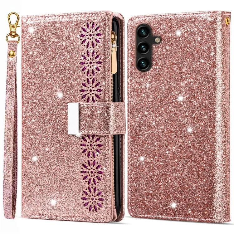 For Samsung Galaxy A55 5G Leather Case Stand Zipper Wallet Glittery Phone Cover - Rose Gold