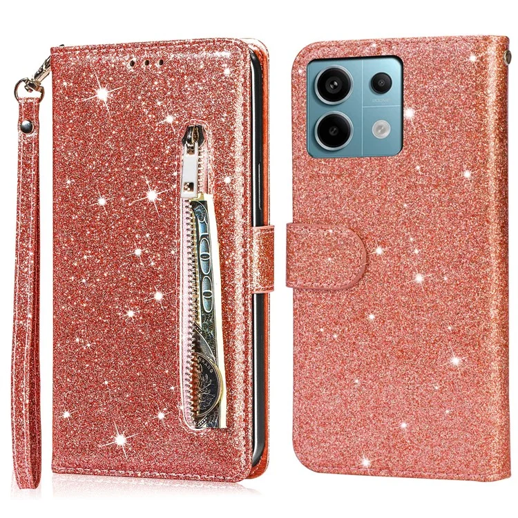 For Xiaomi Redmi Note 13 5G Case Stand Glitter Phone Leather Cover Zipper Pocket - Rose Gold