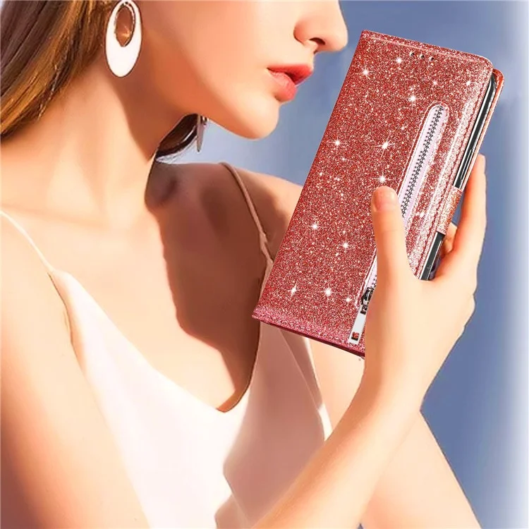 For Xiaomi Redmi Note 13 5G Case Stand Glitter Phone Leather Cover Zipper Pocket - Rose Gold