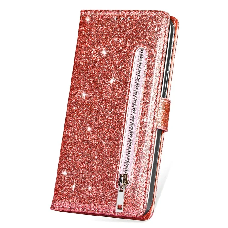 For Xiaomi Redmi Note 13 5G Case Stand Glitter Phone Leather Cover Zipper Pocket - Rose Gold