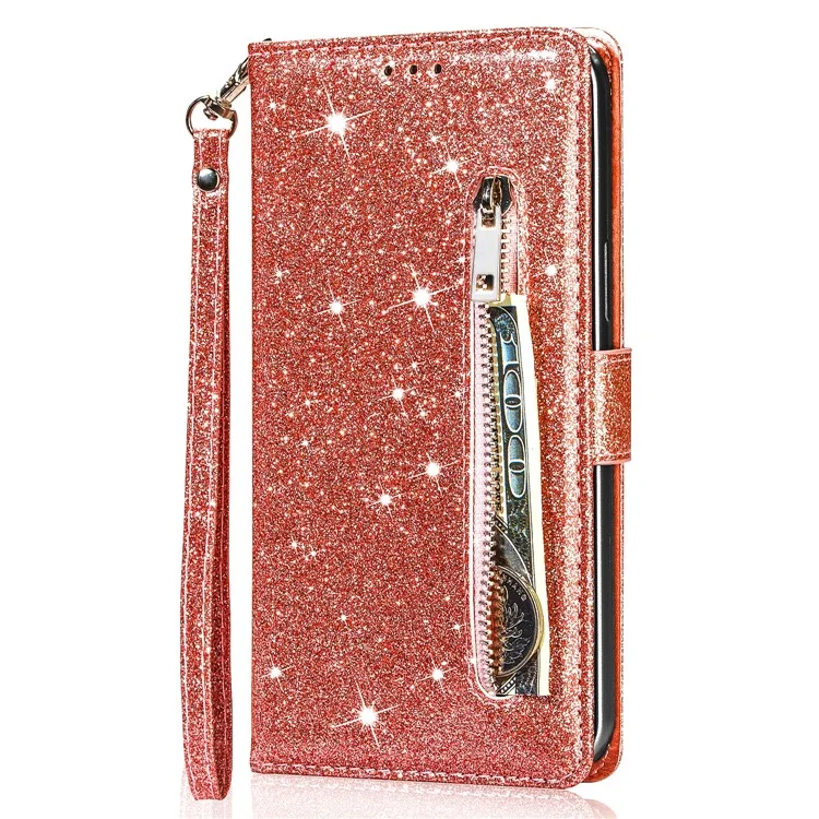 For Xiaomi Redmi Note 13 5G Case Stand Glitter Phone Leather Cover Zipper Pocket - Rose Gold