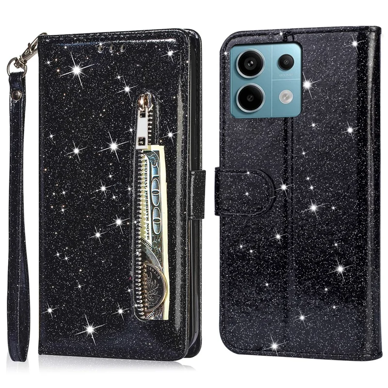 For Xiaomi Redmi Note 13 5G Case Stand Glitter Phone Leather Cover Zipper Pocket - Black