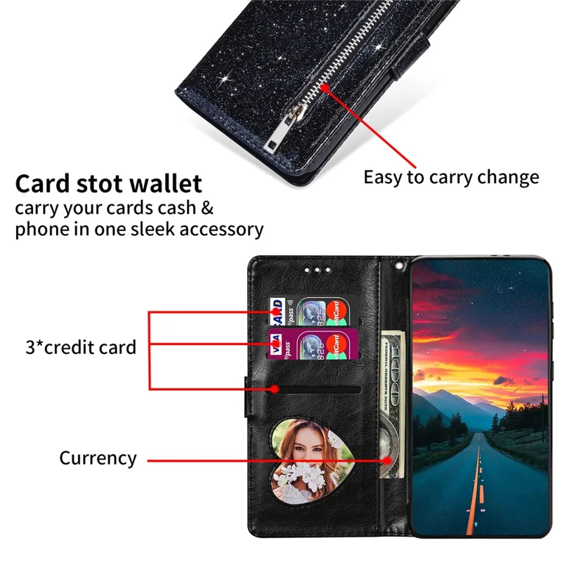 For Xiaomi Redmi Note 13 5G Case Stand Glitter Phone Leather Cover Zipper Pocket - Black