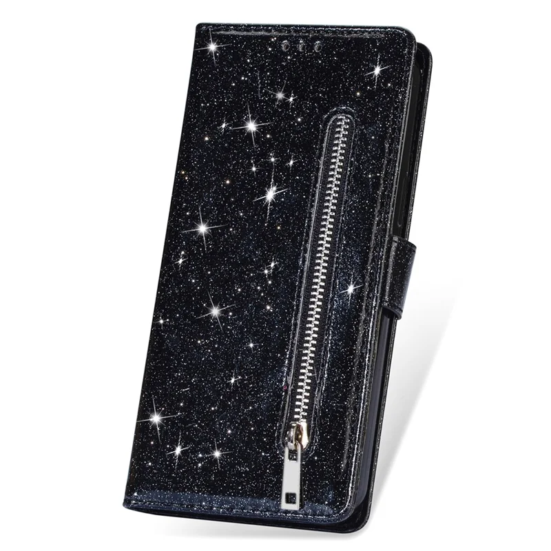 For Xiaomi Redmi Note 13 5G Case Stand Glitter Phone Leather Cover Zipper Pocket - Black
