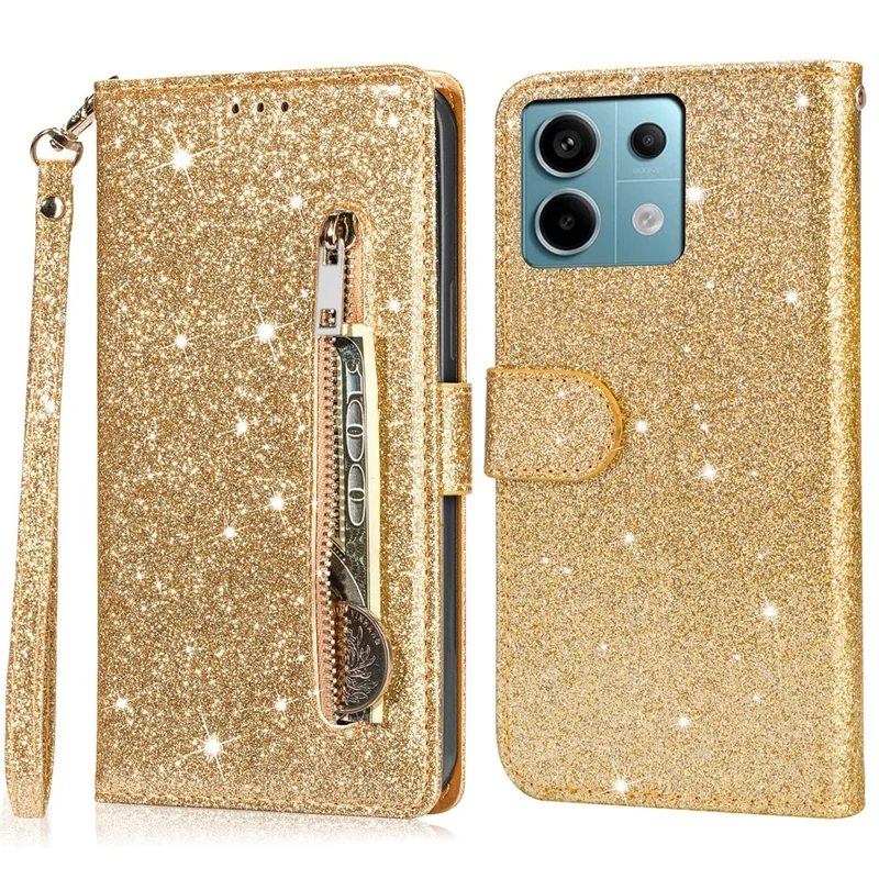 Pour Xiaomi Redmi Note 13 5G Case Stand Glitter Phone Leather Cover Zipper Pocket - Or