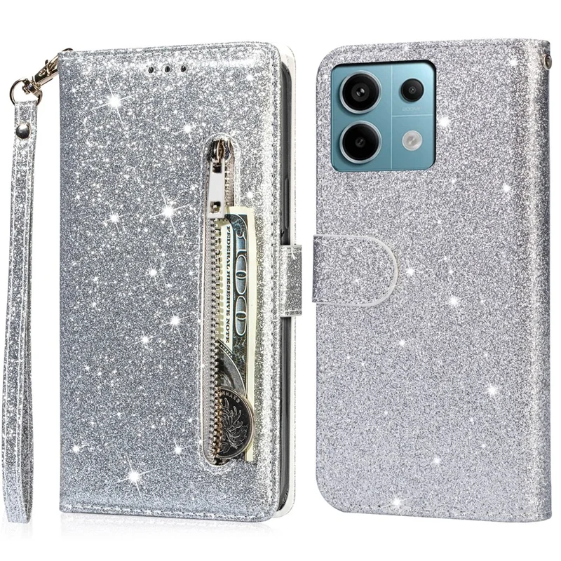For Xiaomi Redmi Note 13 5G Case Stand Glitter Phone Leather Cover Zipper Pocket - Silver