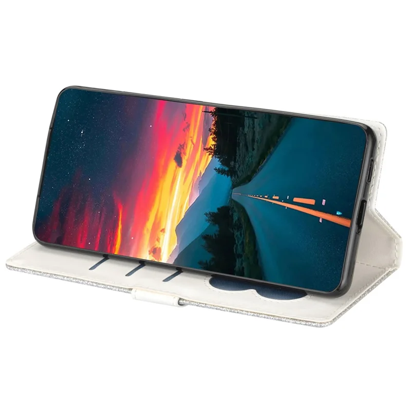 For Xiaomi Redmi Note 13 5G Case Stand Glitter Phone Leather Cover Zipper Pocket - Silver