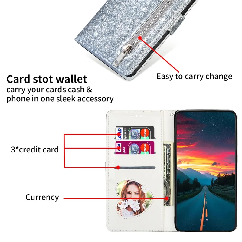 For Xiaomi Redmi Note 13 5G Case Stand Glitter Phone Leather Cover Zipper Pocket - Silver