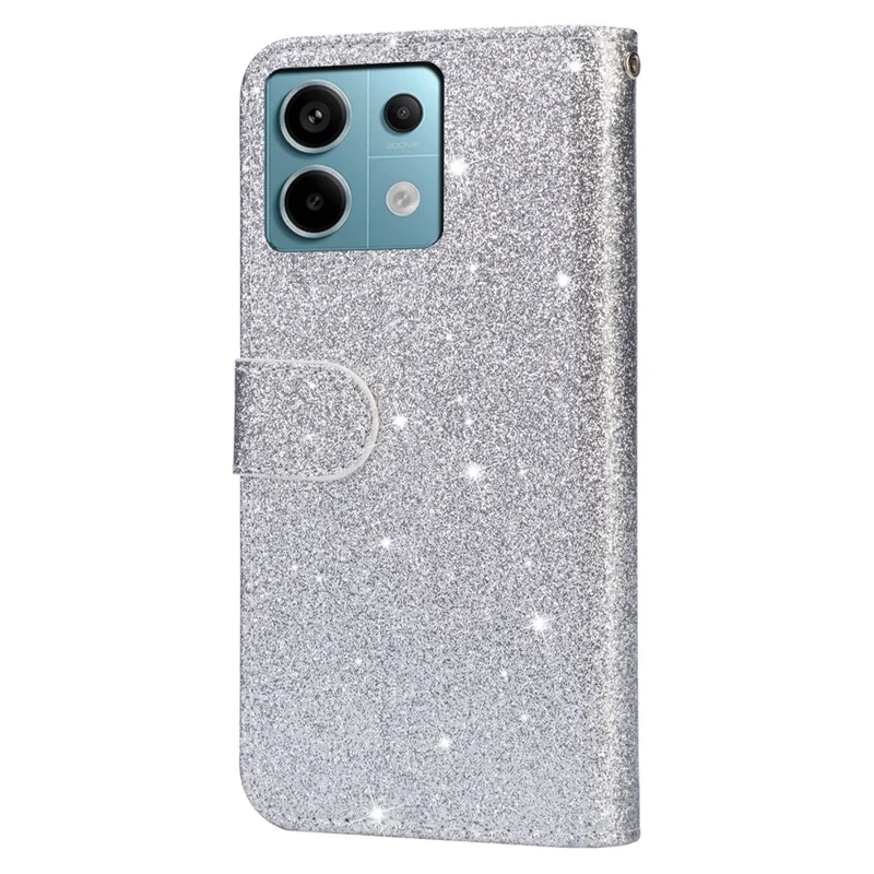 For Xiaomi Redmi Note 13 5G Case Stand Glitter Phone Leather Cover Zipper Pocket - Silver