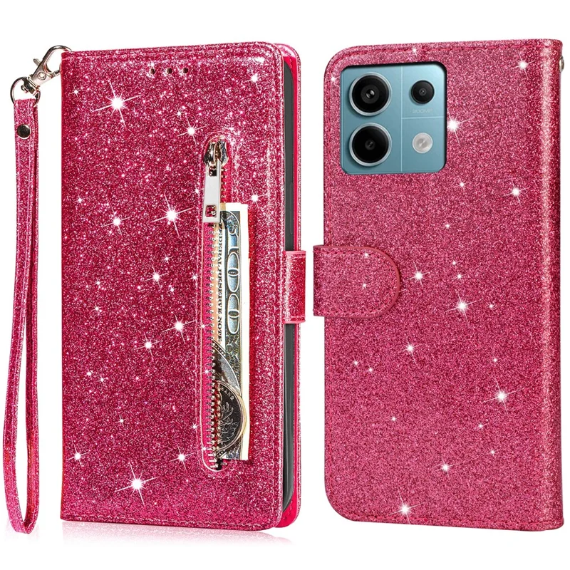 Für Xiaomi Redmi Note 13 5G Hülle Ständer Glitzer Telefonlederhülle Reißverschlussfach - Rose