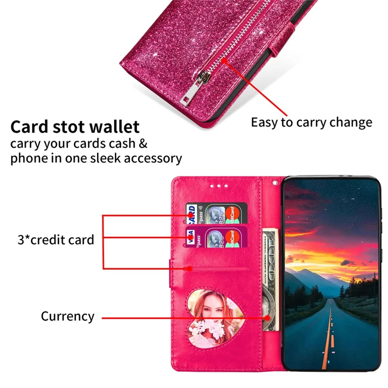 Für Xiaomi Redmi Note 13 5G Hülle Ständer Glitzer Telefonlederhülle Reißverschlussfach - Rose