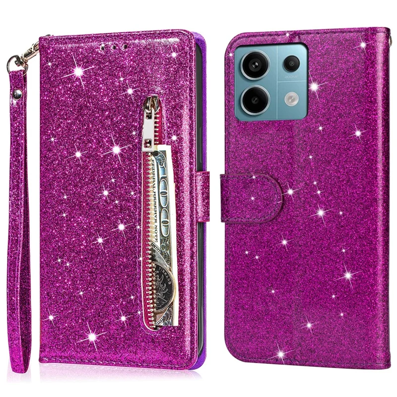 For Xiaomi Redmi Note 13 5G Case Stand Glitter Phone Leather Cover Zipper Pocket - Purple