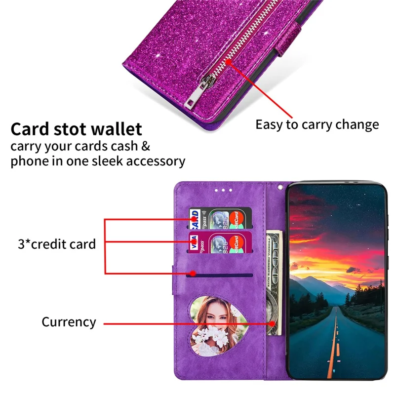 For Xiaomi Redmi Note 13 5G Case Stand Glitter Phone Leather Cover Zipper Pocket - Purple
