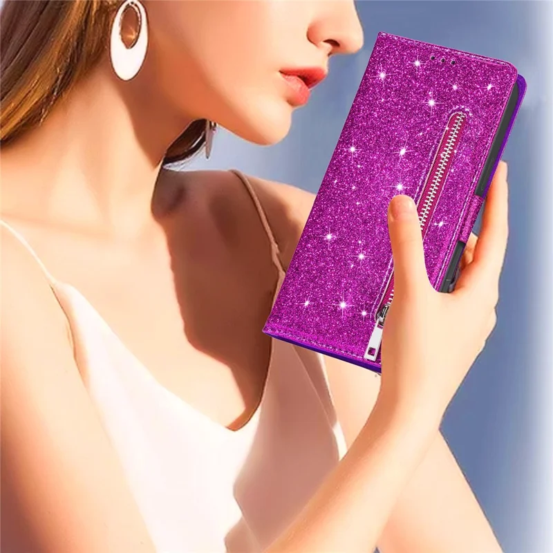 For Xiaomi Redmi Note 13 5G Case Stand Glitter Phone Leather Cover Zipper Pocket - Purple