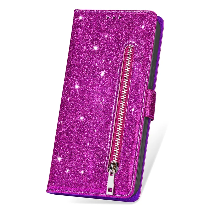 For Xiaomi Redmi Note 13 5G Case Stand Glitter Phone Leather Cover Zipper Pocket - Purple