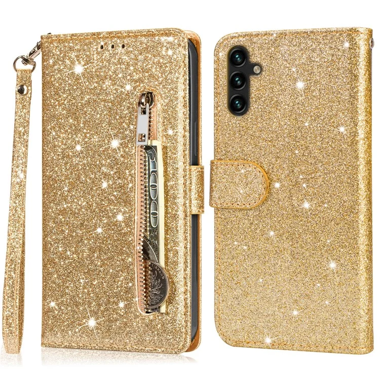 For Samsung Galaxy S23 FE Case Zipper Pocket Glitter Leather Phone Cover - Gold