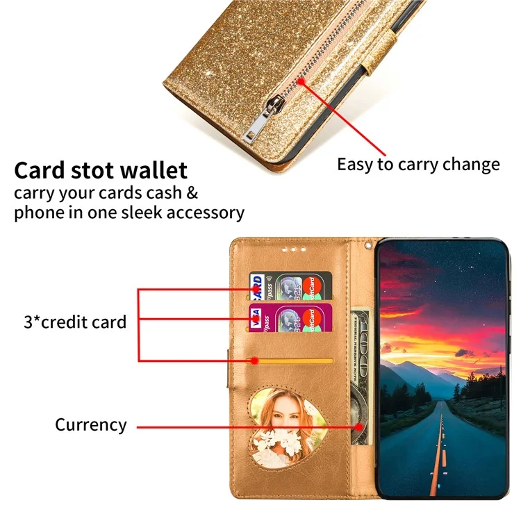 For Samsung Galaxy S23 FE Case Zipper Pocket Glitter Leather Phone Cover - Gold