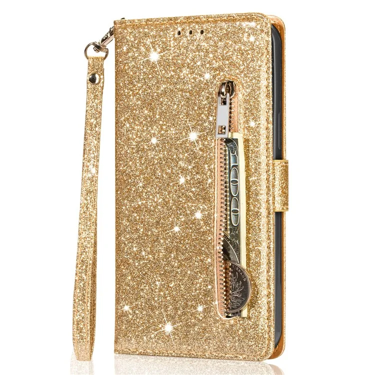 For Samsung Galaxy S23 FE Case Zipper Pocket Glitter Leather Phone Cover - Gold