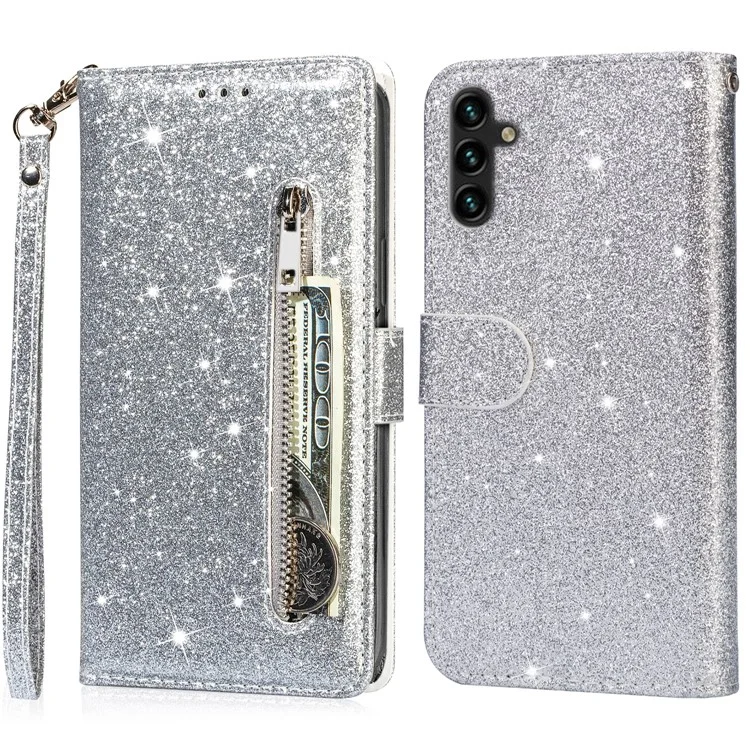 Per Samsung Galaxy S23 FE Case Custodia Cerniera Tasca Glitter Pelle - Argento