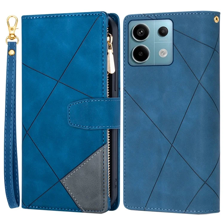 Color Splicing Case for Xiaomi Redmi Note 13 5G Phone Cover Zipper Pocket Wallet Shell - Blue