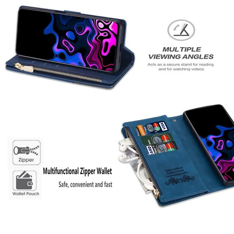 Color Splicing Case for Xiaomi Redmi Note 13 5G Phone Cover Zipper Pocket Wallet Shell - Blue