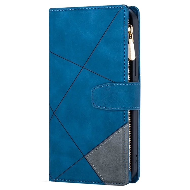 Color Splicing Case for Xiaomi Redmi Note 13 5G Phone Cover Zipper Pocket Wallet Shell - Blue
