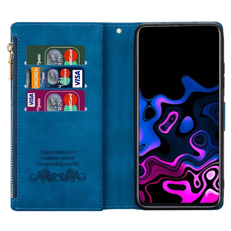 Color Splicing Case for Xiaomi Redmi Note 13 5G Phone Cover Zipper Pocket Wallet Shell - Blue