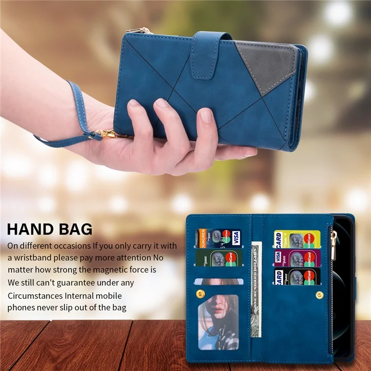 Color Splicing Case for Xiaomi Redmi Note 13 5G Phone Cover Zipper Pocket Wallet Shell - Blue