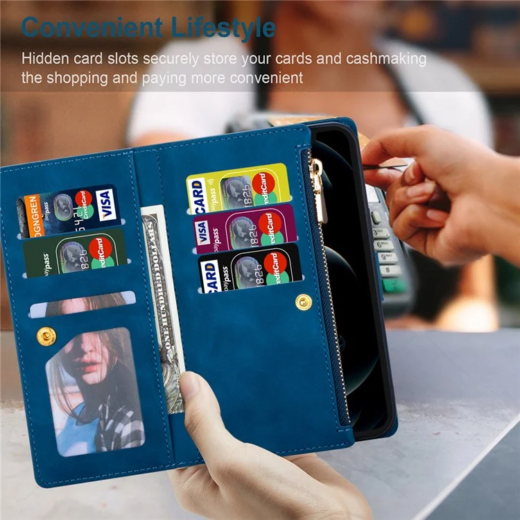 Color Splicing Case for Xiaomi Redmi Note 13 5G Phone Cover Zipper Pocket Wallet Shell - Blue