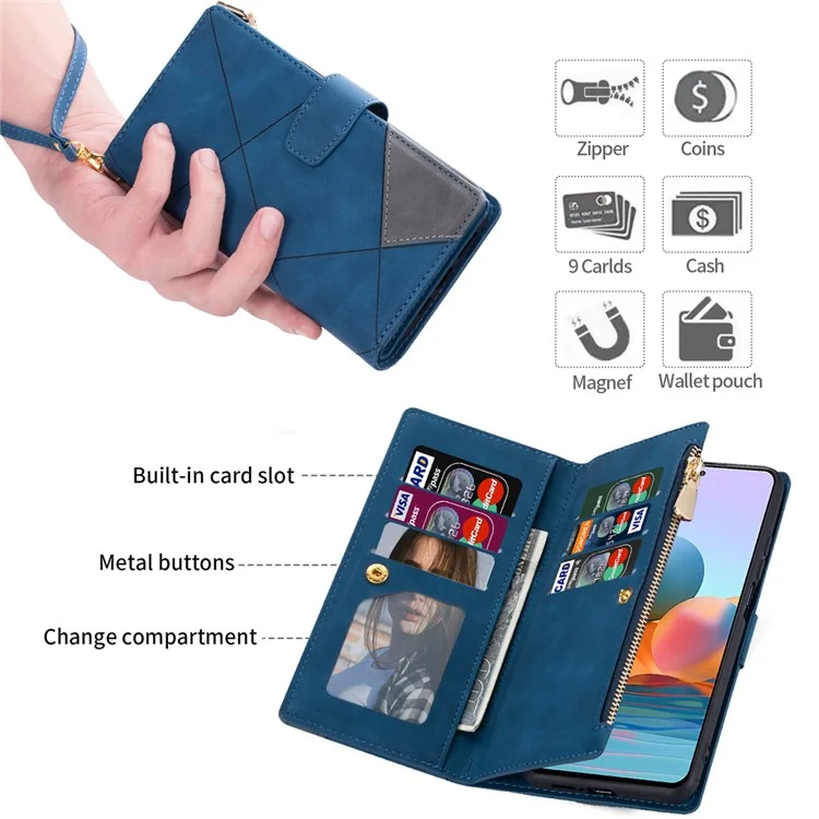 Color Splicing Case for Xiaomi Redmi Note 13 5G Phone Cover Zipper Pocket Wallet Shell - Blue